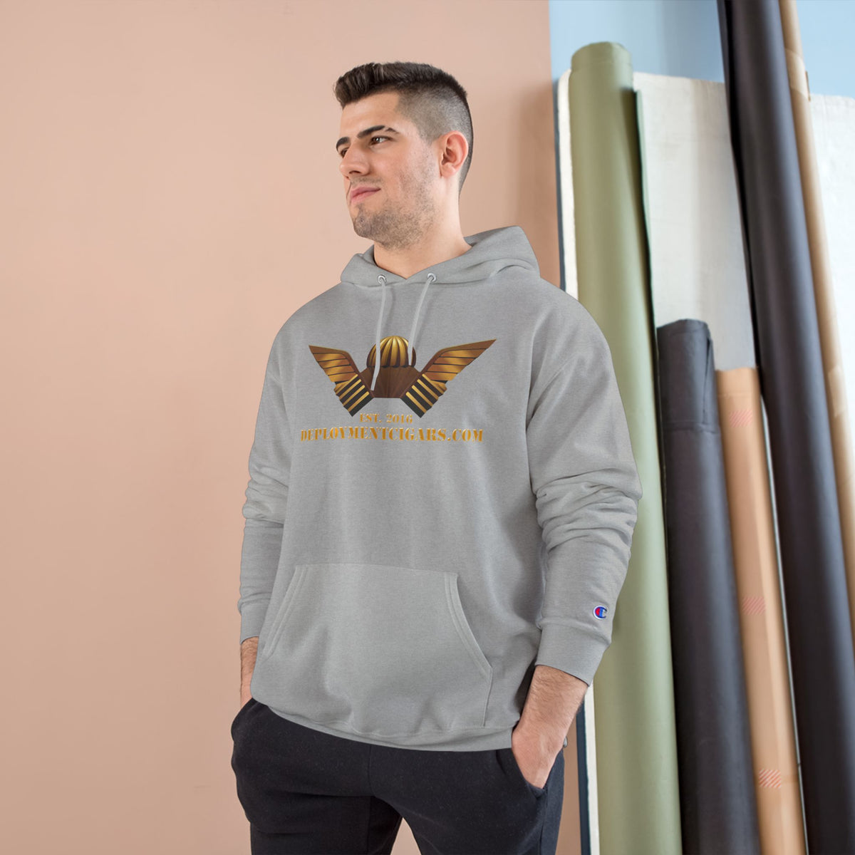 Champion Hoodie — Gold Wing Emblem Military-Inspired Pullover