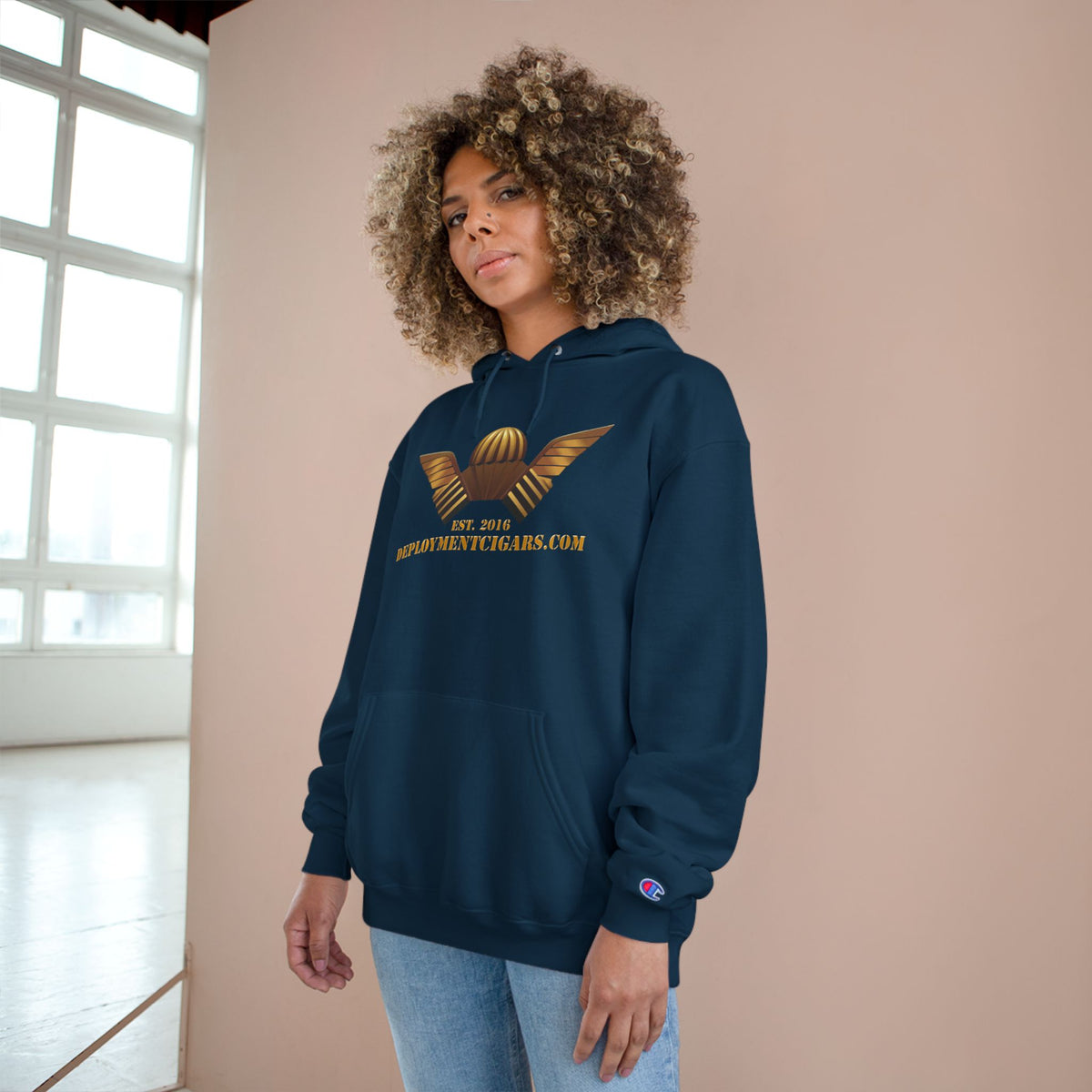 Champion Hoodie — Gold Wing Emblem Military-Inspired Pullover
