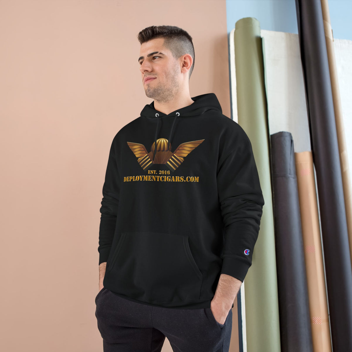 Champion Hoodie — Gold Wing Emblem Military-Inspired Pullover