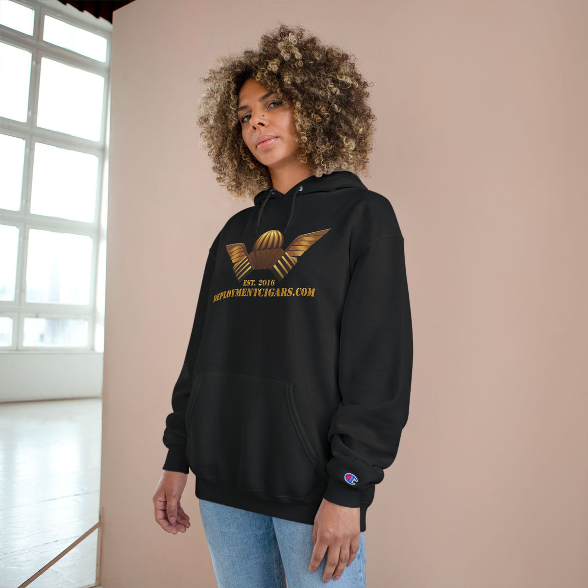 Champion Hoodie — Gold Wing Emblem Military-Inspired Pullover