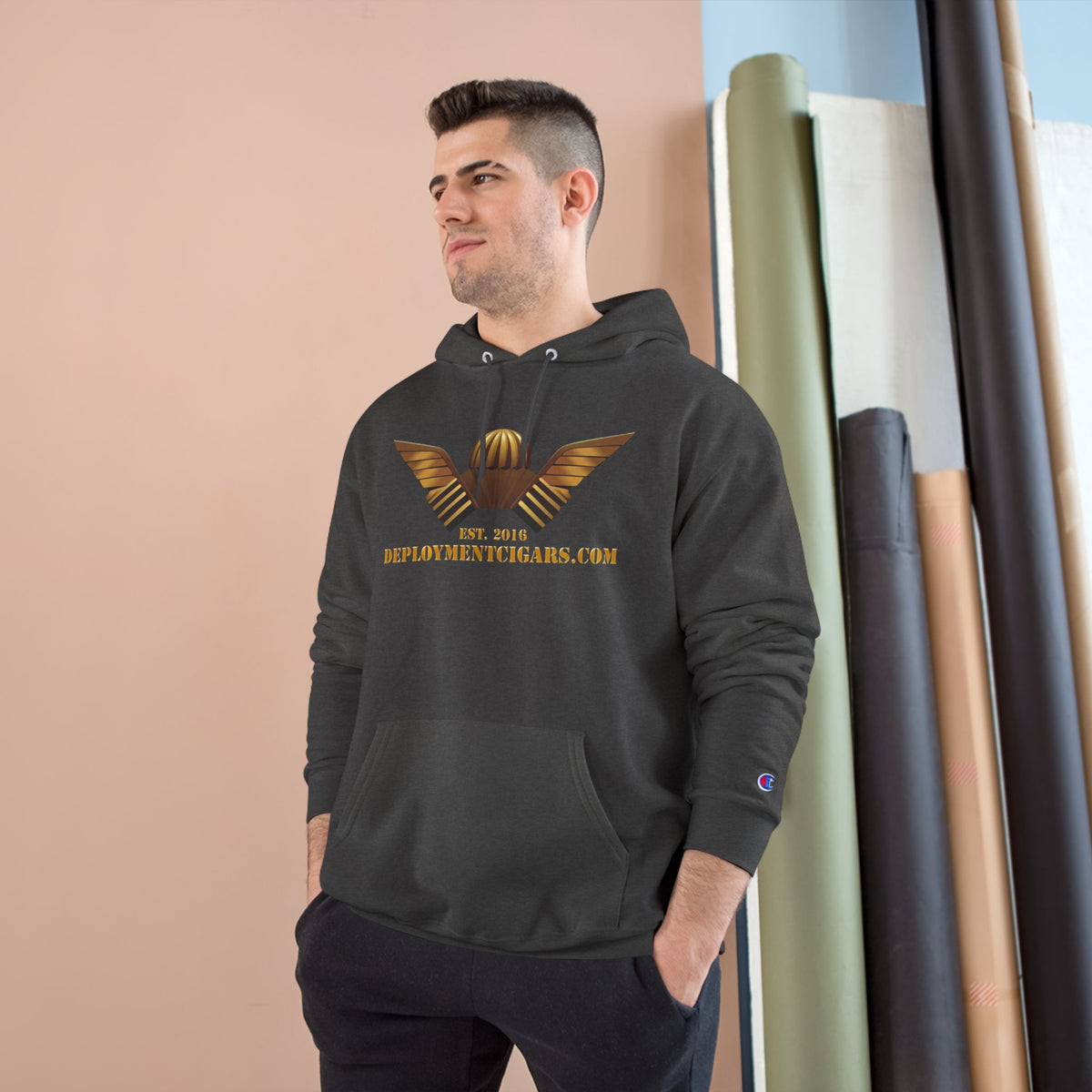 Champion Hoodie — Gold Wing Emblem Military-Inspired Pullover