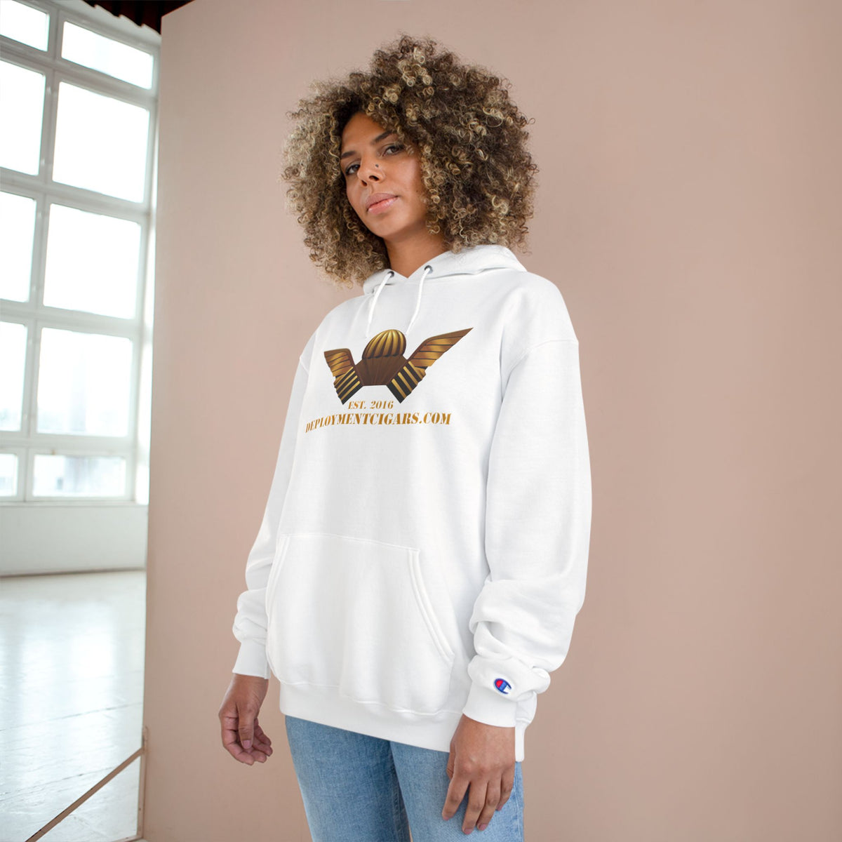 Champion Hoodie — Gold Wing Emblem Military-Inspired Pullover