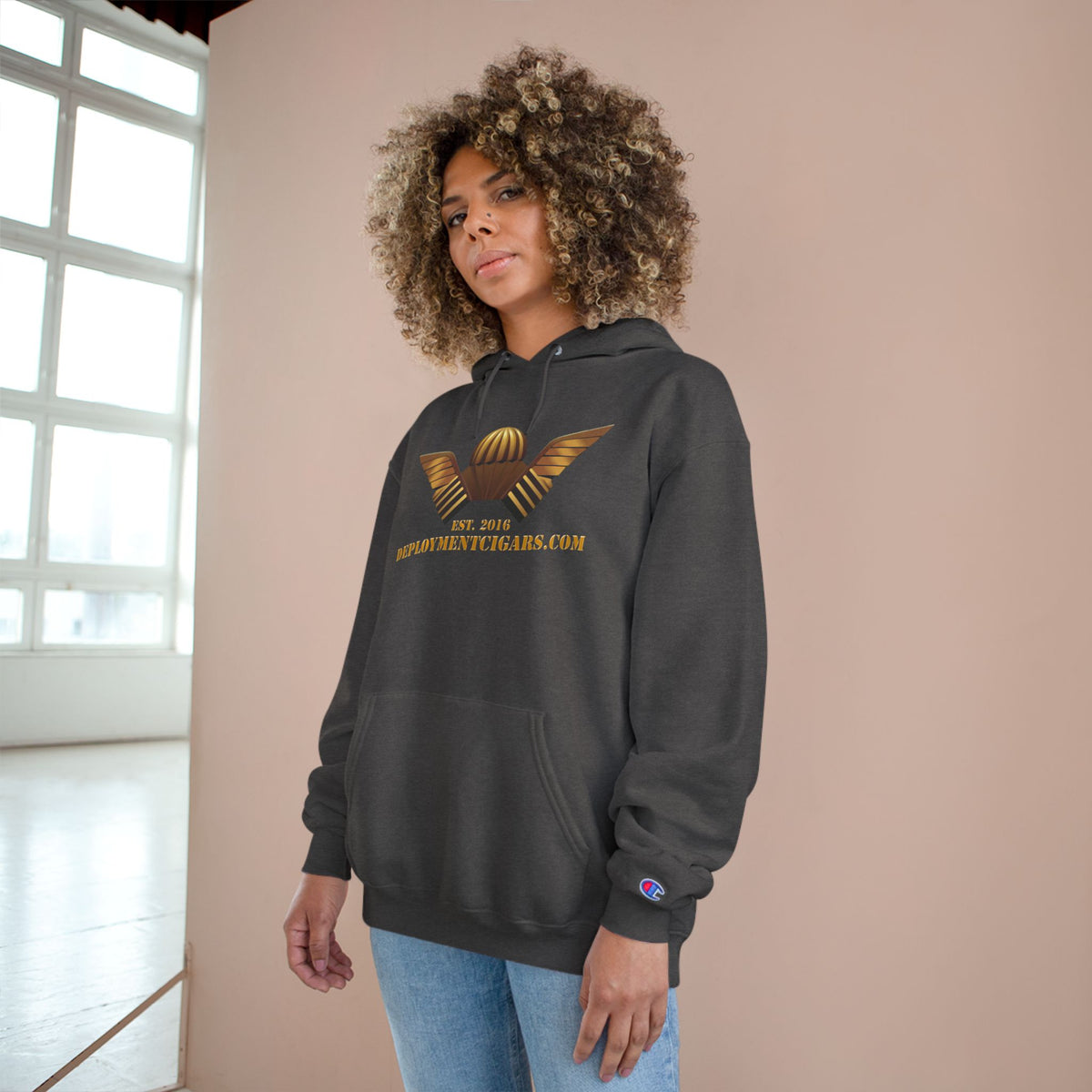 Champion Hoodie — Gold Wing Emblem Military-Inspired Pullover