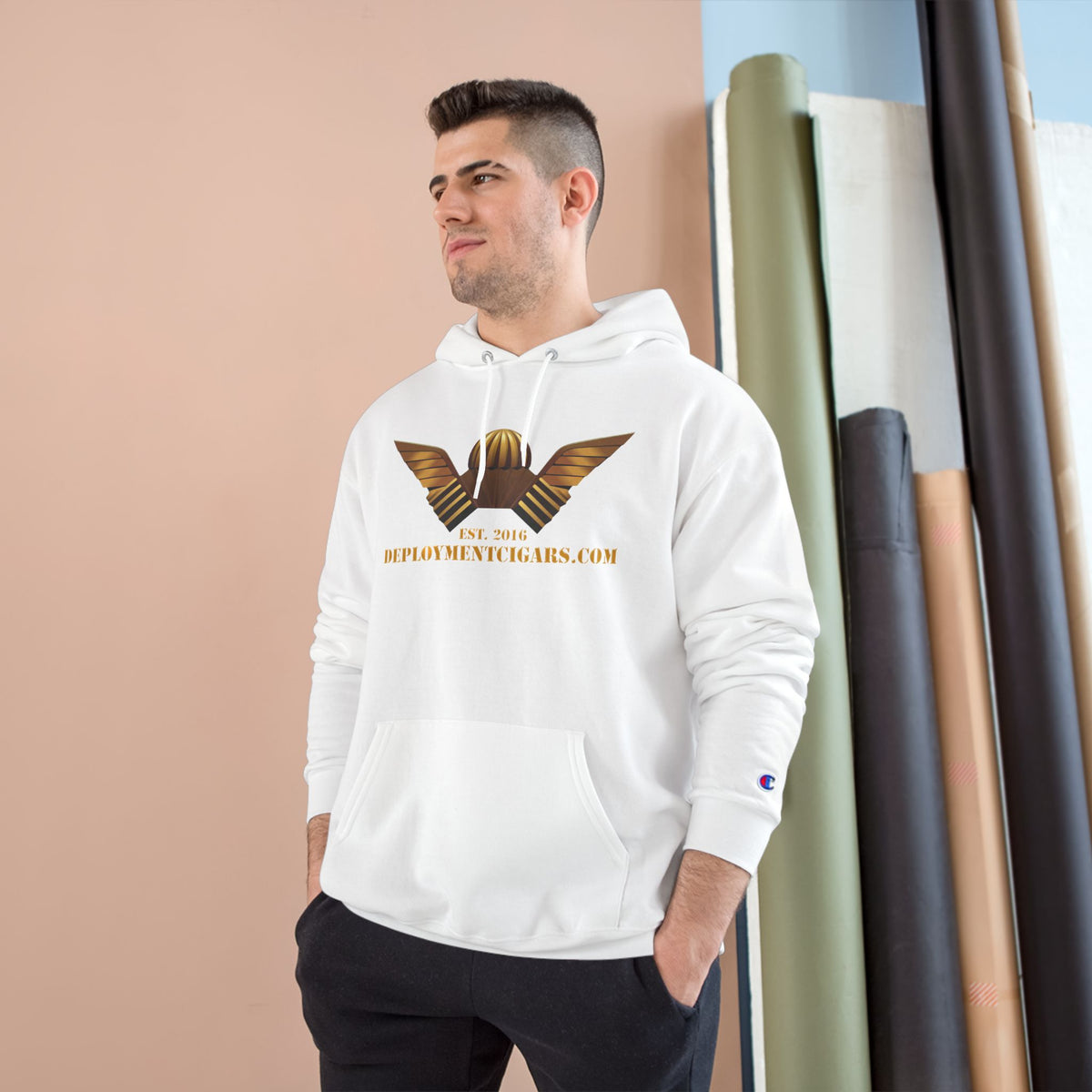 Champion Hoodie — Gold Wing Emblem Military-Inspired Pullover