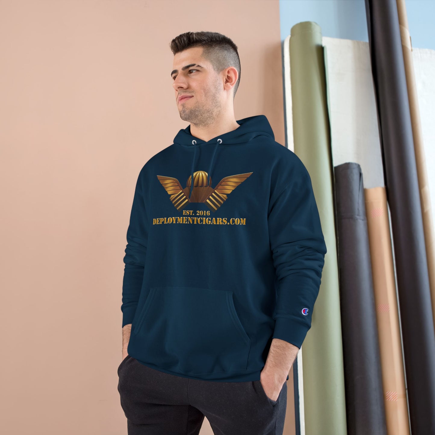 Champion Hoodie — Gold Wing Emblem Military-Inspired Pullover