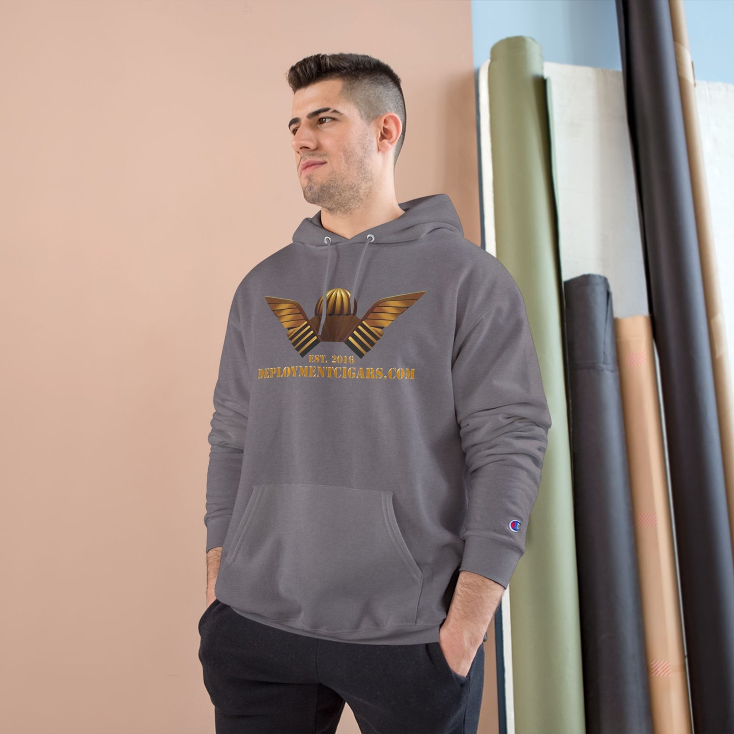 Champion Hoodie — Gold Wing Emblem Military-Inspired Pullover