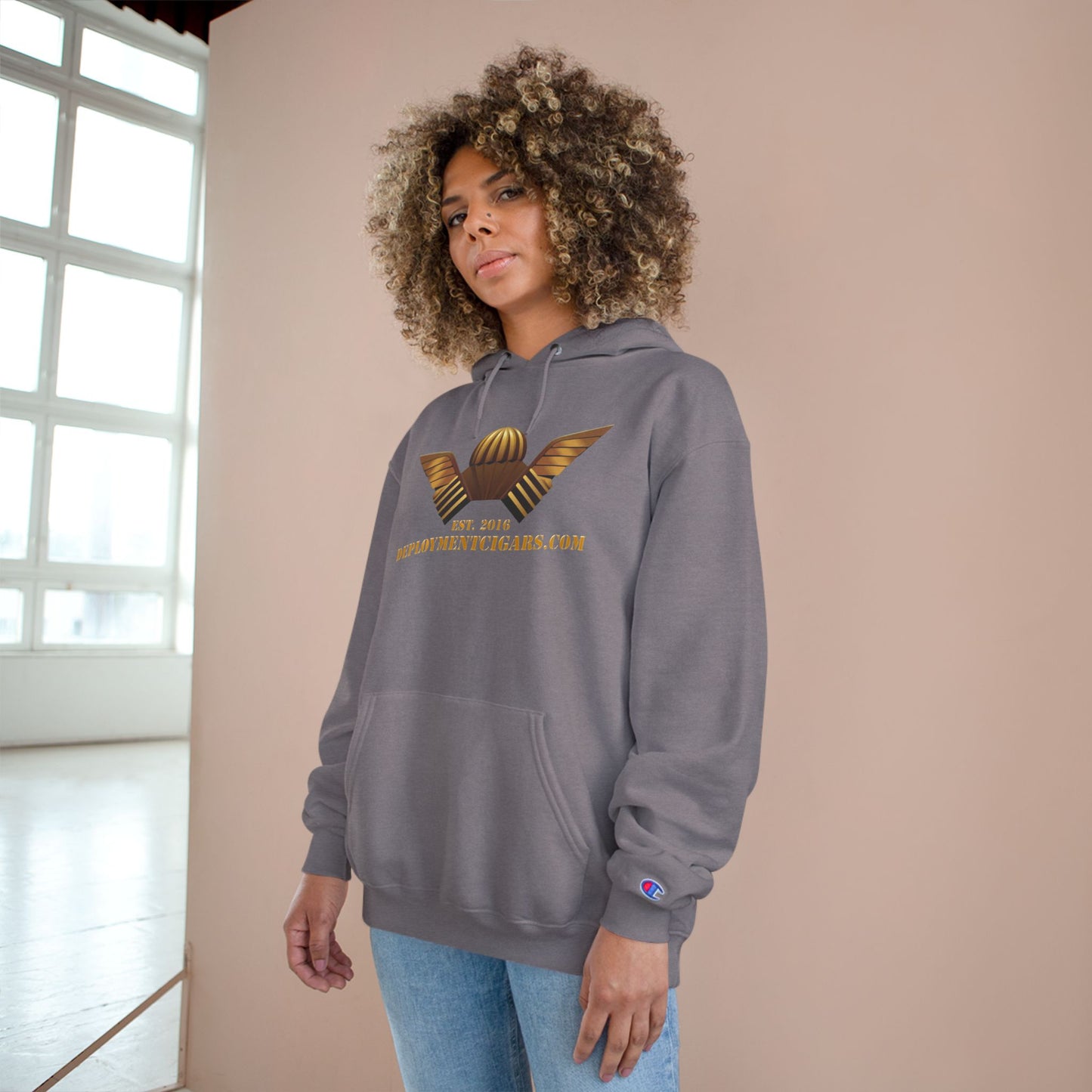 Champion Hoodie — Gold Wing Emblem Military-Inspired Pullover